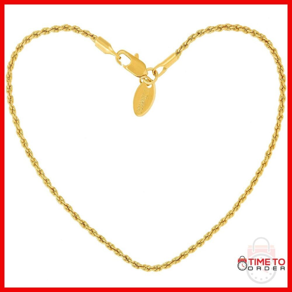 1mm Rope Chain Ankle Bracelet 24k Gold Plated 11 Inch